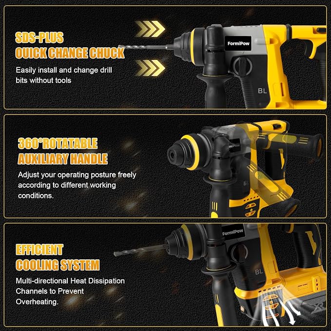 SDS-Plus Rotary Hammer Drill for Dewalt 20V Battery, 3J Impact Brushless Hammer Drill with 2 Mode Operation, Cordless Hammer Drill with 3 SDS Plus Bits & Chisel Set (No Battery)