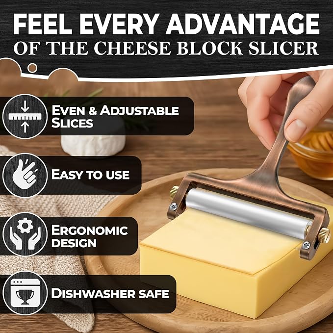 Handheld Wire Cheese Slicer with Adjustable Thickness - Stainless Steel Cheese Slicer with 2 Replacement Wires for Thick & Thin Portion Slices - Suitable for Mozzarella, Cheddar, Gruyere, Raclette
