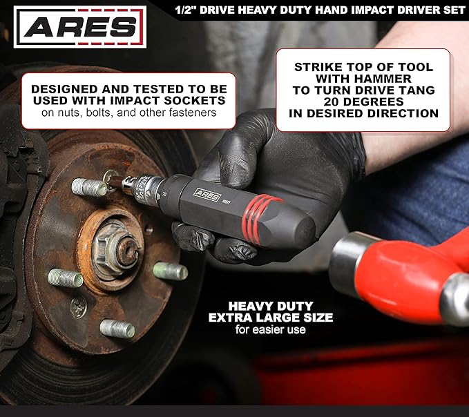 ARES 10027 – 1/2-Inch Drive Heavy Duty Hex Grip Impact Driver – 1/4-Inch & 5/16-Inch Bit Chucks – S2 Bits – Slotted 3/16, 1/4, 5/16, 3/8 Inch Bits – Phillips PH1, PH2, & PH3 Bits - T20, T25 Bits