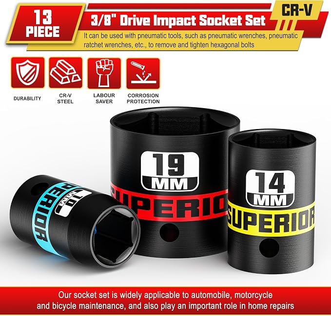 13 Piece 3/8" Drive Impact Socket Set, 7 mm-19 mm Shallow Socket, Metric, 6 Point, CR-V, Automotive Motorcycle and Bicycle Maintenance, Machinery Manufacturing