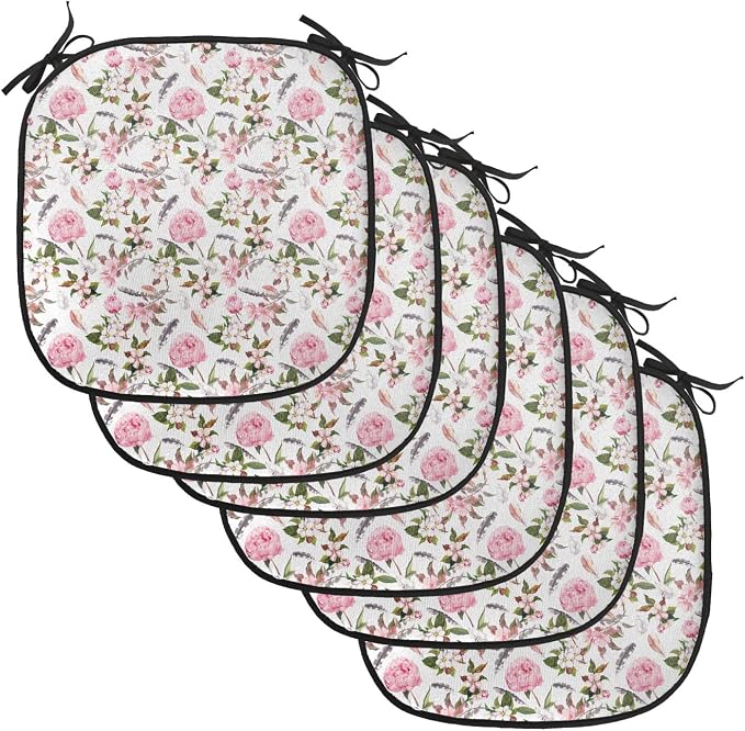 Lunarable Flower Chair Cushion Pads Set of 6, Apple and Cherry Flowers Blossoms Feathers Shabby Classical Botanic Retro, Anti-Slip Seat Padding for Kitchen & Patio, 16"x16", Pale Pink Green Grey