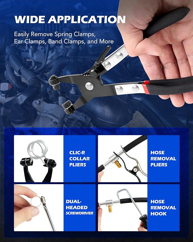OMT Hose Clamp Pliers, 9Pc Automotive Remover Set With Flexible Wire | Locking Mechanism, Rubberized Handles, For 11/16" To 2-1/2" Clamps, Structural Steel Build