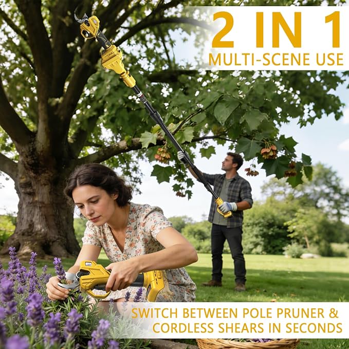 Cordless Pruning Shears Compatible with Dewalt 20V, Electric Pruning Shears with Extension Pole up to 4.57m Range, LCD Display 35 mm Battery Pruning Shears & Loppers for Garden (No Battery)