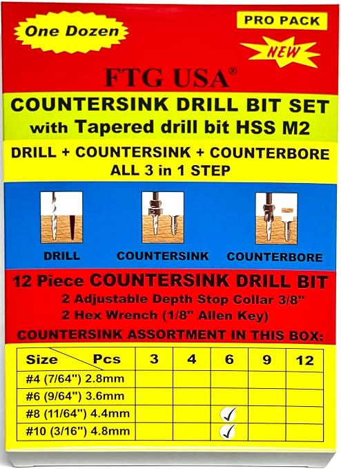 FTG USA Countersink Drill Bit Set 6 Pc #8 (11/64"), 6 Pc #10 (3/16") Tapered Countersink Bit, Stop Collar, Hex Wrench, Woodworking Countersink Drill Bits