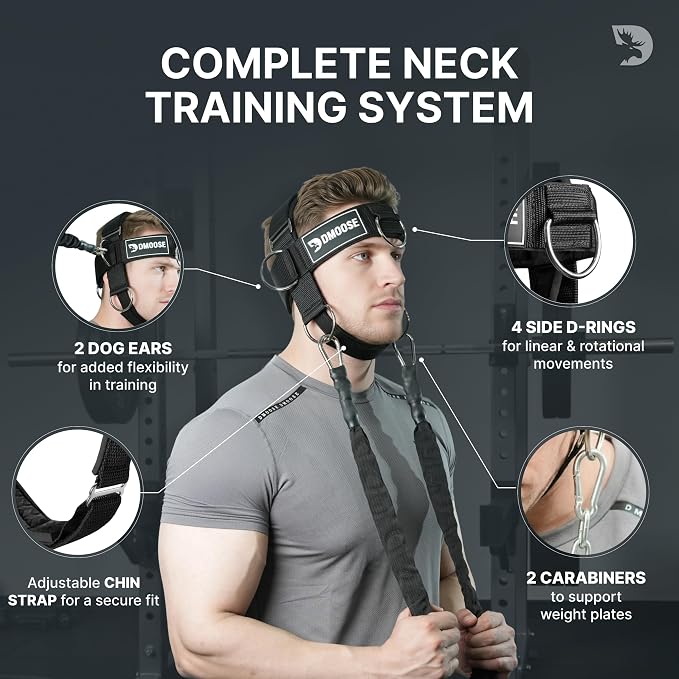 DMoose Fitness Neck Harness for Weight Lifting - Soft Padded Head & Chin Strap with 30" Heavy Duty Steel Chain - Neck Exerciser, Trainer & Strengthener to Support Injury Recovery and Intense Workouts
