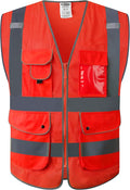JKSafety 9 Pockets High Visibility Safety Vest for Men and Women, Hi-Vis Reflective Red Safety Vests with Zipper Front, Meet ANSI/ISEA Standards (159-Red 4XL)
