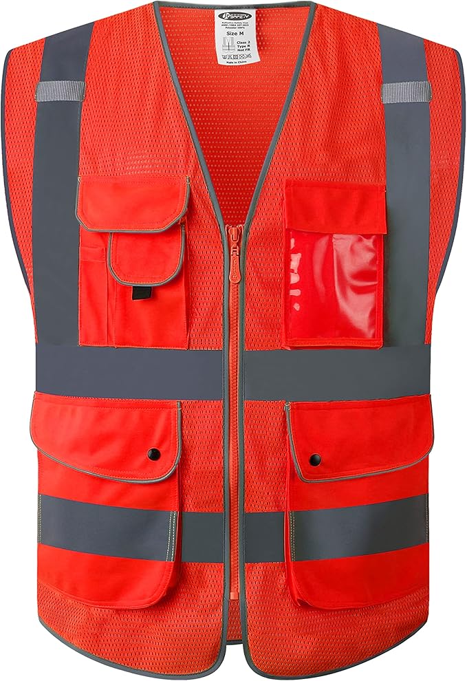 JKSafety 9 Pockets High Visibility Safety Vest for Men and Women, Hi-Vis Reflective Red Safety Vests with Zipper Front, Meet ANSI/ISEA Standards (159-Red 4XL)