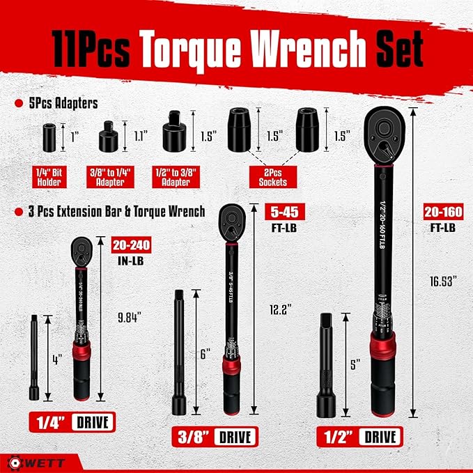 WETT 11Pcs Torque Wrench Set, 1/4'' & 3/8'' & 1/2'' Drive Click Torque Wrench, with Extension Bars & Adapters, Dual-Direction Adjustable Reversible 72-Tooth Ratchet Handle