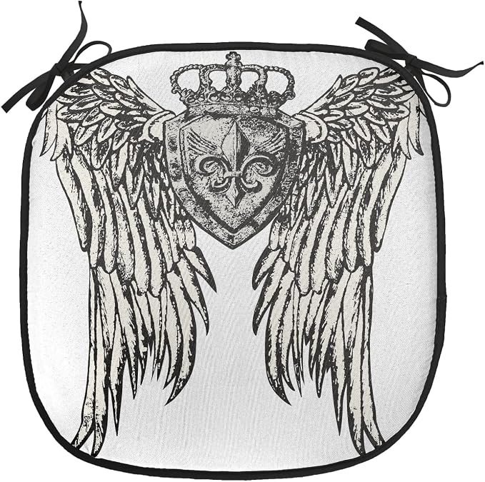 Lunarable Fleur De Lis Chair Cushion Pads Set 12, Tribal Tattoo Design with Wings Historic Crest Crown and Eagle, Anti-Slip Seat Padding for Kitchen & Patio, 16"x16", Eggshell Black