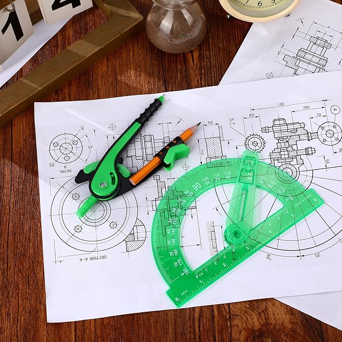 Zonon Student Protractor and Compass Set, Student Geometry Math Set Drawing Compass and 180 Degree 6 Inch Protractor with Swing Arm for Drawing Measuring School Office(Green)