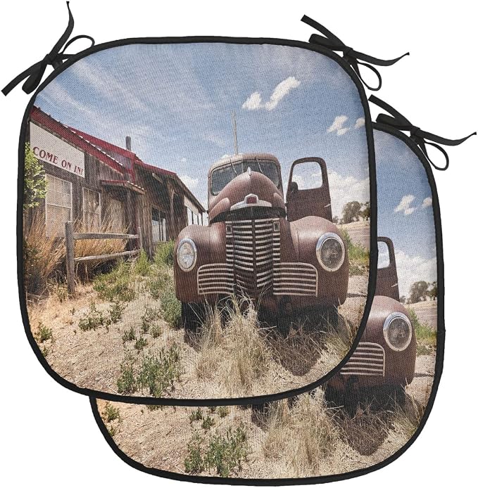 Lunarable Americana Chair Cushion Pads Set of 2, Abandoned Restaraunt on Route 66 Come on in Sign Desert Road Rusty Old Car, Anti-Slip Seat Padding for Kitchen & Patio, 16"x16", Brown Multicolor