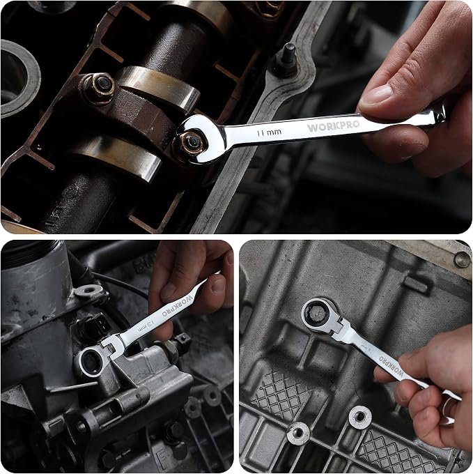 WORKPRO 8-piece Ratcheting Combination Wrench Set, Metric & Polished | Metric 8-17mm, 180° Flex-Head, 72-Tooth Ratchet, Cr-V Steel, Roll Up Pouch for Auto Repair & Home DIY