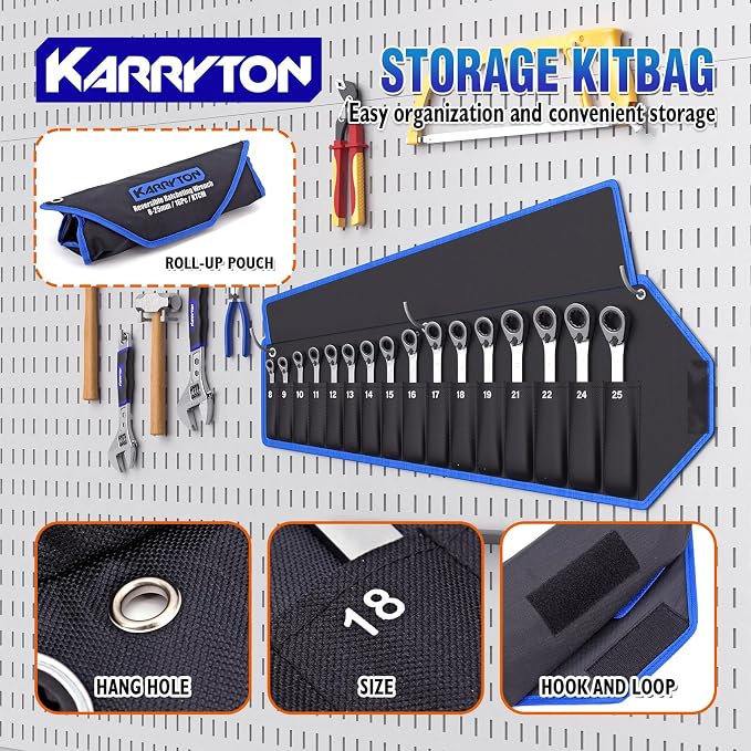 16-piece Reversible Ratcheting Wrench Set Metric 8-25mm, 72 Teeth Ratchet Combination Wrenches Set with Rolling Bag, Cr-V Steel, Chrome Plating Handle with Blackened Ratchet