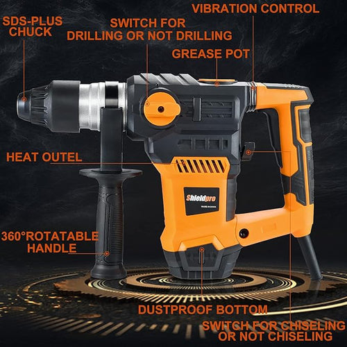 1-1/4 Inch SDS-Plus 13 Amp Rotary Hammer Drill Heavy Duty, Safety Clutch 3 Functions with Vibration Control,Including Grease, Flat Chisels, Point Chisels and 3 Drill Bits