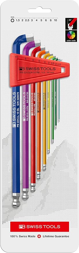 PB SWISS TOOLS RainBow Key L-Wrench Set PB 2212.LH-10 RB | 100% Swiss Made | 9-Piece Hex Key Set with Ball Point and Short Key Part with 100° angle for Hexagon Socket Screws