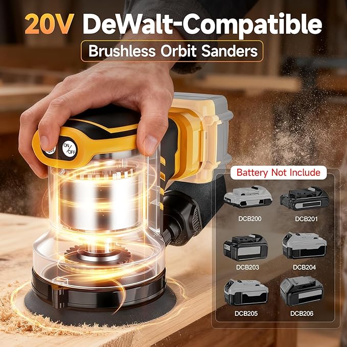 5-Inch Random Orbital Sander, Cordless Sanding Machine Compatible with Dewalt 20V Battery(NO Battery), Brushless Electric Sander with Dust Collector (Light Yellow)