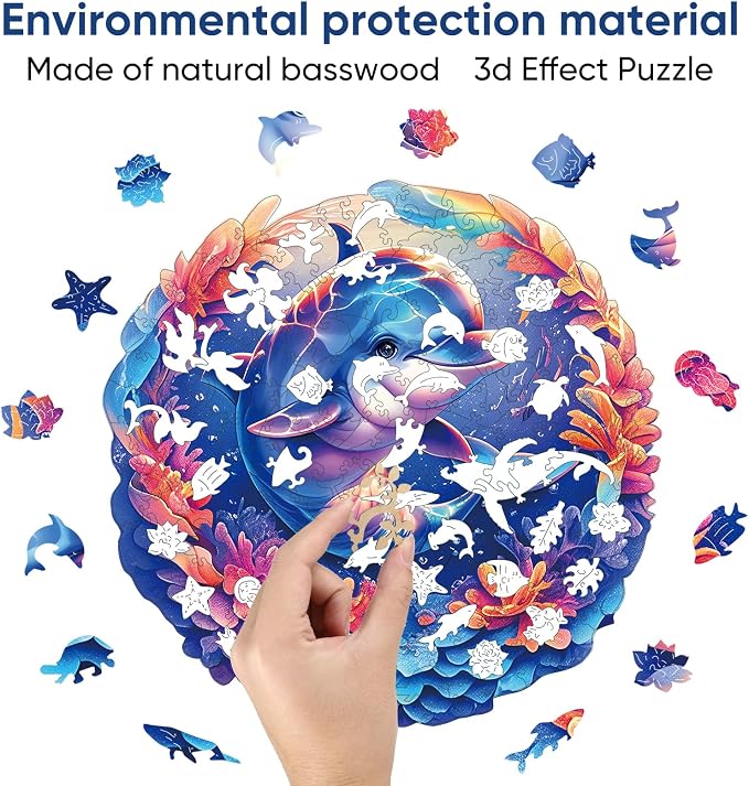 Qiuenisray Wooden Puzzles for Adults 500 Pieces, Dolphin Baby Jigsaw Puzzles, FSC Certified Unique Ocean Adult Puzzles, Irregular Wood Puzzles, Creative Gift for Family Game 16.2x16.5 in
