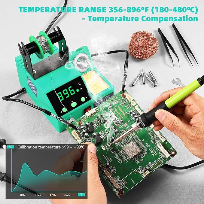 Soldering Station, 100W Digital Display Soldering Iron Station Kit with 2 Helping Hands, 356°F - 896°F, Auto Sleep, °C/°F Conversion, Solder Wire, Tips, Stand, Pump, Tweezers, Tip Cleaner, Cyan