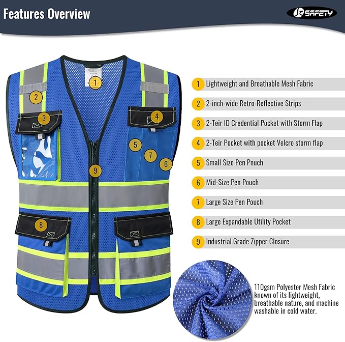 JKSafety Hi Vis Reflective Safety Vests for Men Women High Visibility Vest with Pockets Mesh Fabric Construction Safety Apparel Neon Vest for Work (220-Blue XL)