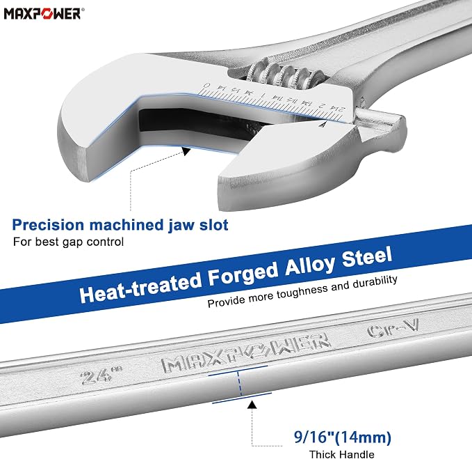 MAXPOWER 24" Adjustable Wrench, 2.4" Jaw Opening, Tapered Handle | Heavy Duty Large Adjustable Wrench Ideal for Plumbing, Nuts, and Pipes Fitting, SAE/Metric Scales