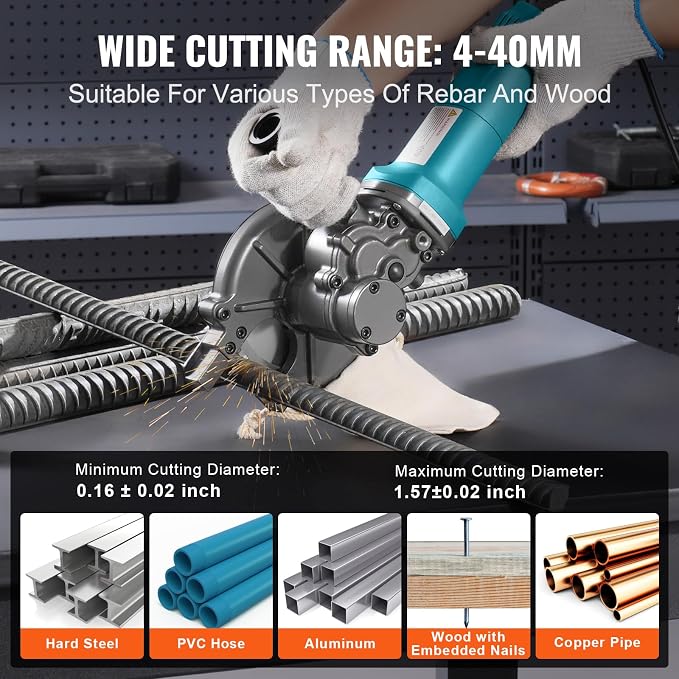 VEVOR Electric Rebar Cutter, 1100W Portable, Cuts up to 3/2 inch (4-40mm) Rebar, High Power Steel Concrete Cutter with Auxiliary Handle & Tool Case, RD-10