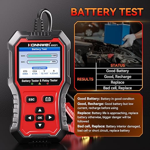 KONNWEI KW371 2-in-1 Car Battery Tester Relay Tester, 6V 12V 24V 10-2000 CCA Automotive Diagnostic Tool for Lead Acid AGM Gel EFB Lithium, Charging Cranking Analyzer for Motorcycle Truck Boat