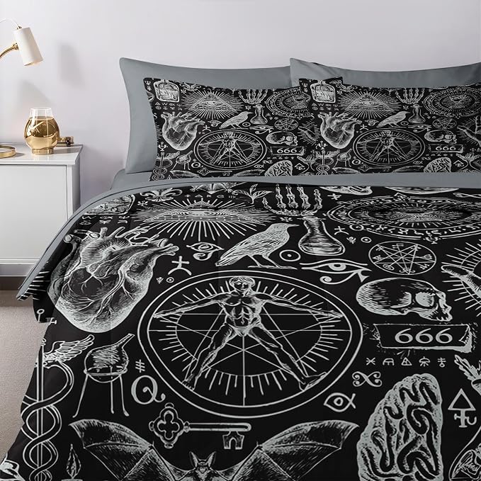 Nesker Comforter Set Queen Size, Vintage Halloween 7 Pcs Bedding for Kids and Adults, Mysticism Alchemy Bed Sheet Sets with Fitted Sheet 2 Pillowcases & 2 Shams