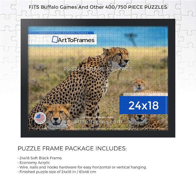 ArtToFrames Puzzle Frame for Buffalo Games 400, 750 Piece Jigsaw Puzzles, 24x18 Inch (61x46 cm), Soft Black Engineered Wood with Economy Acrylic, Ready to Hang Puzzle Display