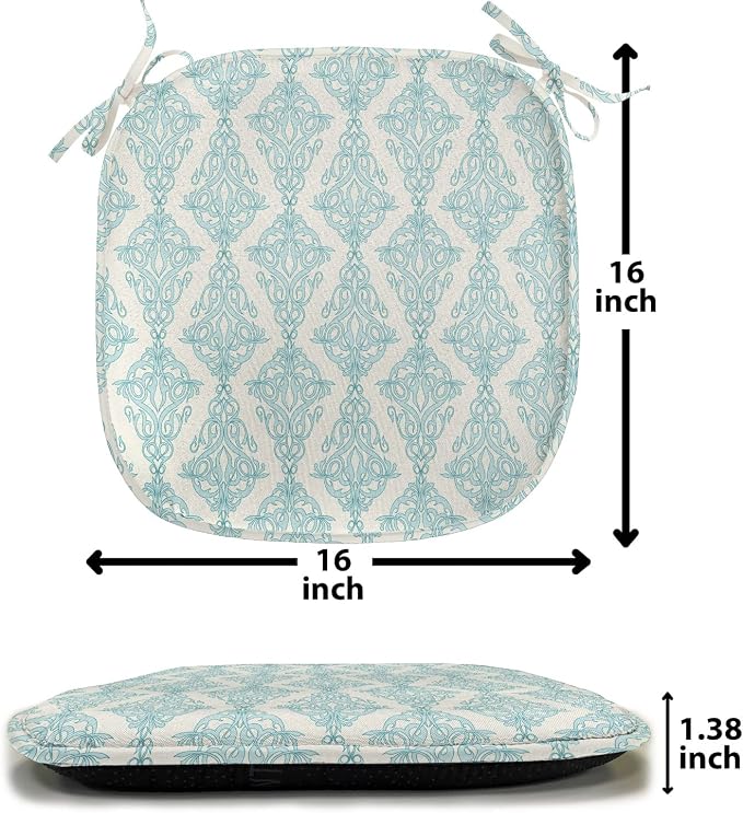 Lunarable Damask Blue Chair Seating Cushion Set of 8, Vintage Antique Pattern with Classic Victorian Motif, Anti-Slip Seat Padding for Kitchen & Patio, 16"x16", Eggshell Pale Cadet Blue