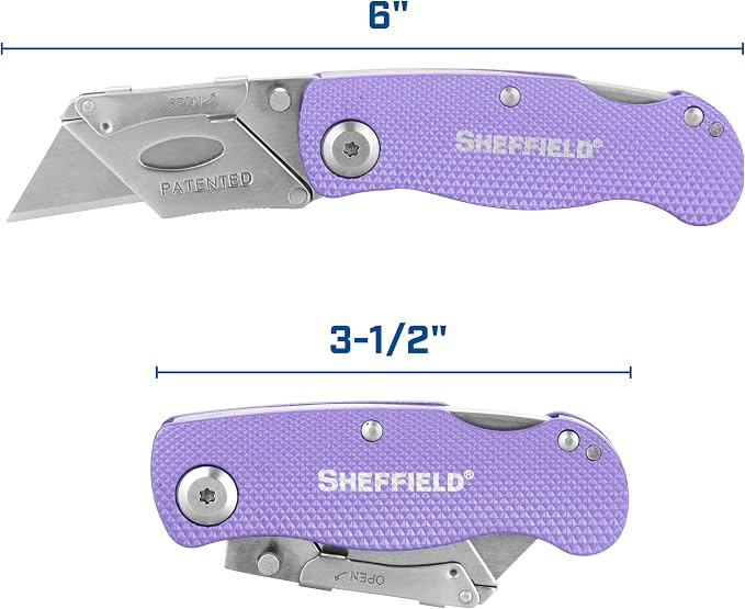 Sheffield 12346 Lock Back Utility Knife 4 Pack with 10 Blades, Quick Change Folding Box Cutter, Aluminum Handle Utility Knives with Pocket Clip, Pink & Purple