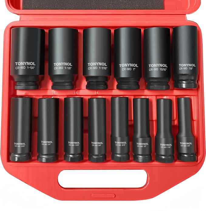TONYNOL 1/2" Deep Drive Impact Socket Set,6‑Point,SAE (3/8"‑1‑1/4"),14Pcs | Cr-Mo Steel,With a Storage Case