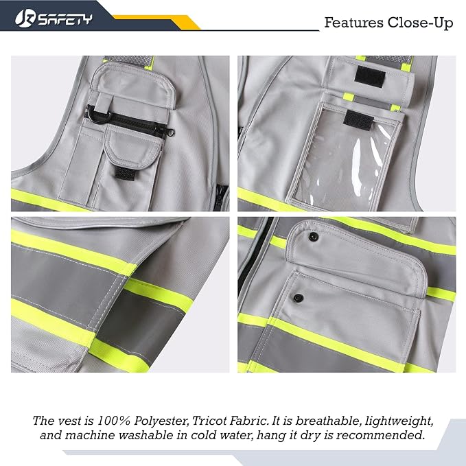 JKSafety 9 Pockets Hi-Vis Fluorescent Color Zipper Front Safety Vest with Neon Color Extended Yellow Trims for Men and Women Work Safety Utility (901-Grey 3XL)