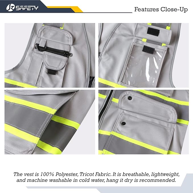 JKSafety 9 Pockets Hi-Vis Fluorescent Color Zipper Front Safety Vest with Neon Color Extended Yellow Trims for Men and Women Work Safety Utility (901-Grey 3XL)