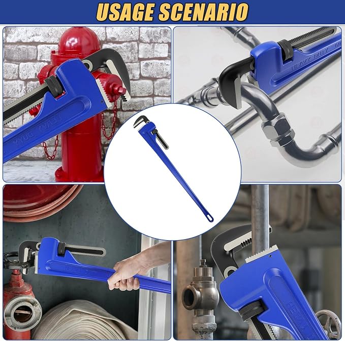60 Inch Pipe Wrench, Max 9 Inch Jaw Opening, Carbon Steel Plumbing Tool | Straight Handle Wrench Set with Gloves and 8 Inch Pipe Wrench for Mechanics, Plumbing and Construction, Blue