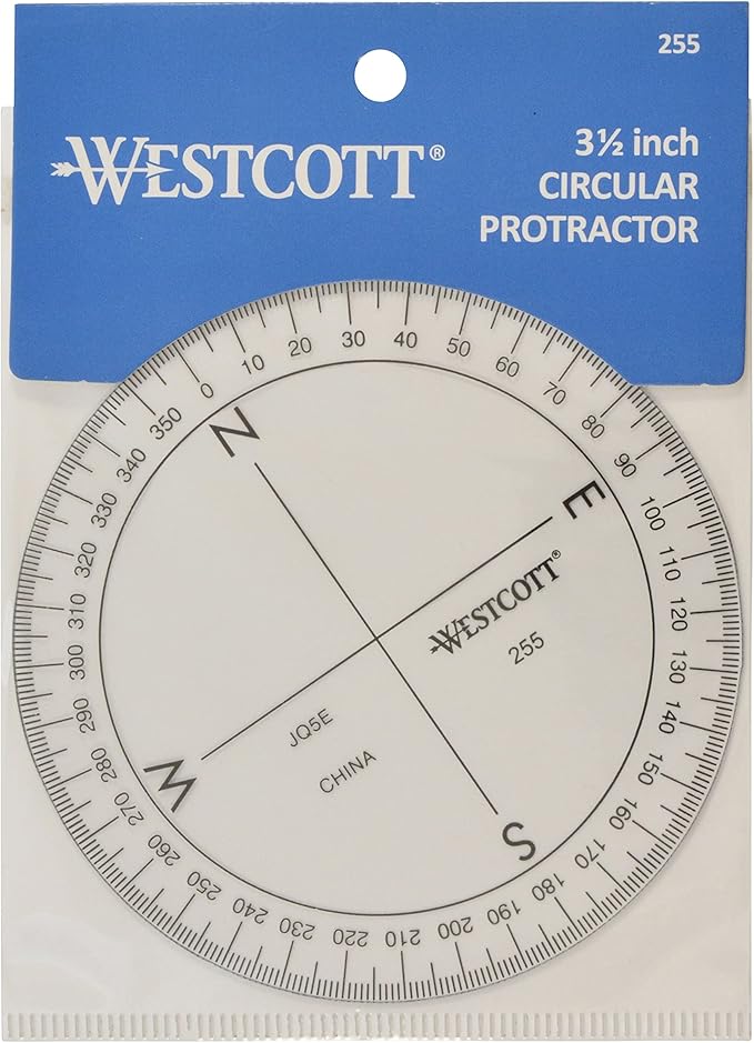 Westcott 360-Degree Compass Protractor, Crystal Clear Transparent Dial, Calibrated for 360-Degree Accuracy, Back-to-School, School Supplies, Classroom Supplies, 3 1/2-Inch