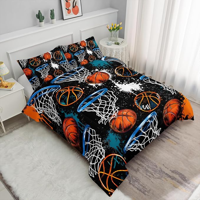 Axolotl Basketball Comforter Set King Size,Basketball Sports Comforter Set,Ball Sport Bedding,Sports Theme Bedding,Grunge Aesthetic Cool Bed for Boys Kids Men,1 Quilt 2 Pillowcases