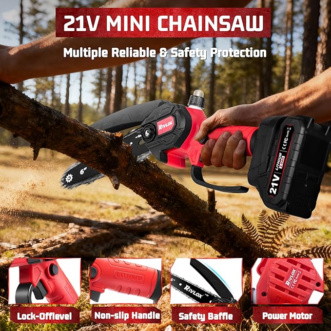 Mini Chainsaw,6 & 4 inch Electric Chainsaws Cordless Battery Powered, One-Hand Portable Handheld Saw for Trees Trimming Wood Cutting,Chain Saw Gift for Men Dad Husband Women (Red-2 Battery)