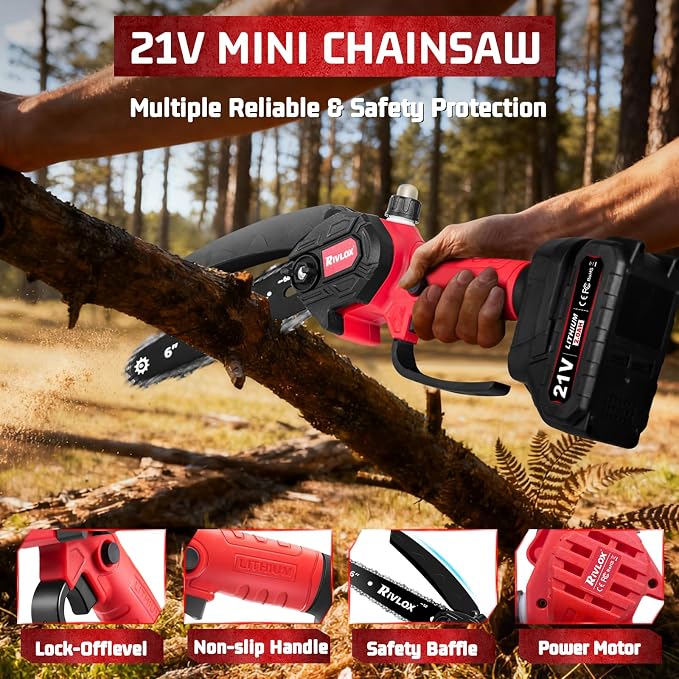 Mini Chainsaw,6 & 4 inch Electric Chainsaws Cordless Battery Powered, One-Hand Portable Handheld Saw for Trees Trimming Wood Cutting,Chain Saw Gift for Men Dad Husband Women (Red-2 Battery)