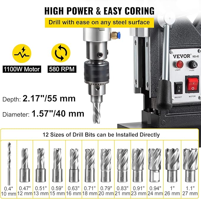 VEVOR Magnetic Drill, 1100W 1.57" Boring Diameter, 2697lbf/12000N Portable Electric Mag Drill Press with 12 Drilling Bits, 580 RPM Max Speed Drilling Machine for any Surface and Home Improvement