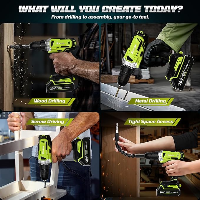 20V Cordless Drill Set,Electric Power Drill Cordless,Power Drill Drivers,Electric Screwdriver - 2.0Ah Batteries, 30Nm，21+1 Torque,2 Speed,34pcs Acessories,Built-in LED,Kit for Home,Green