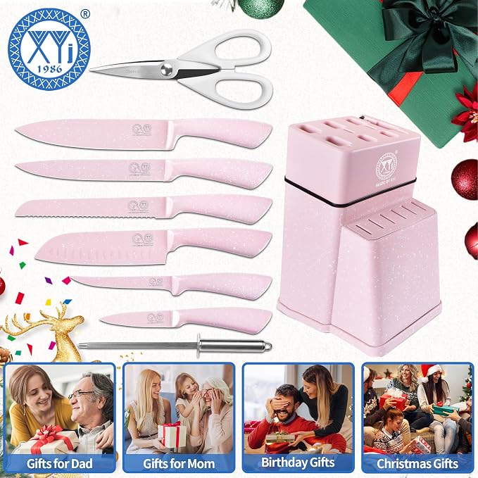 XYJ Knife Block Set, Pink Color, Stainless Steel Kitchen Knives With Knife Block Holder, Meat Cleaver, Professional Cooking Slicing Knife Kit for Master Chef, Kitchen Cutlery