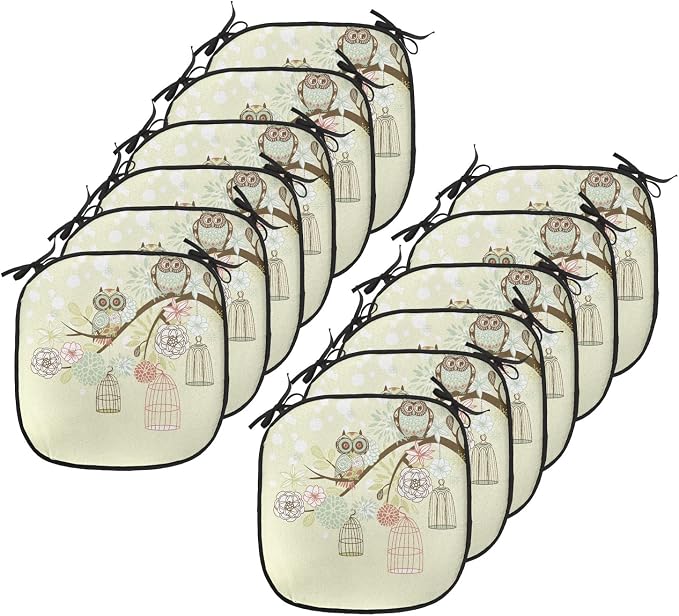 Lunarable Owls Chair Cushion Pads Set 12, Winter Floral Background Blossoms Owls Out of Their Cages Birdcage Freedom, Anti-Slip Seat Padding for Kitchen & Patio, 16"x16", Pale Green Brown White