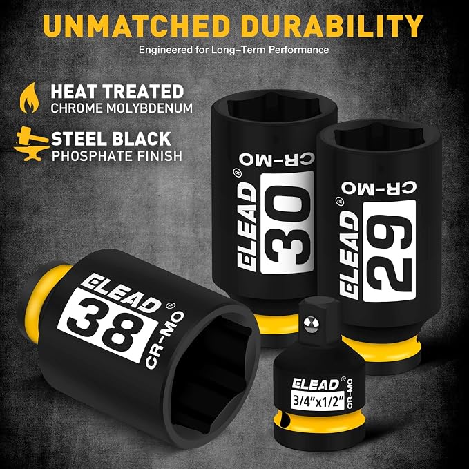 1/2'' Drive Deep Impact Socket Set: 11-Piece Metric Wheel Axle Nut Wrench Large Jumbo 27mm 29mm 30mm 31mm 32mm 33mm 34mm 35mm 36mm 38mm Car Spindle Joint High Torque Truck Bearing Locknut