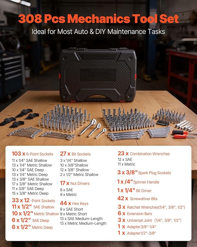 VEVOR Mechanics Tool Set, 308-Piece Mechanic Tool Kit, 1/4 in, 3/8 in, and 1/2 in Drive, SAE and Metric Socket Set, Wrenches, Screwdriver Bits, Accessories, and Storage Case, for Automotive Repair