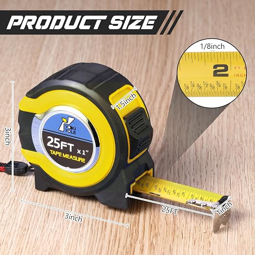 Youyole 10 Pack Tape Measure with Fractions 1/8 Steel Measuring Tape Retractable Easy Read Measurement Ruler Steel Power Blade (25 ft X 1 in,Yellow)
