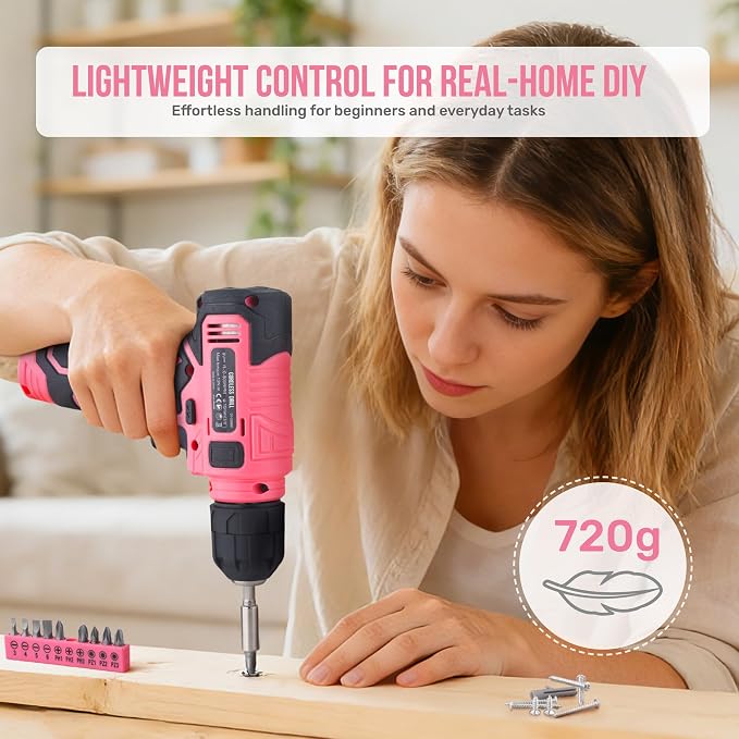 Hi-Spec Cordless Drill Set, 8V USB Pink Power Drill Driver & Screw Bit Set for Women. Ladies Cordless & Rechargeable Electric Drill Driver with Wall Hanging Kit