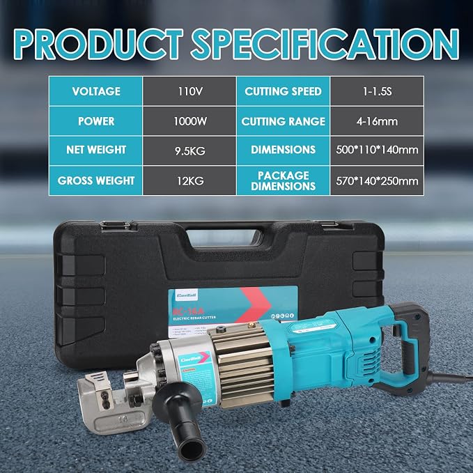5/8" Electric Hydraulic Rebar Cutter 1-1.5s Cutting Speed Portable Rebar Cutter Cutting Rebar 4-16mm 1000w 120v/60hz RC16A (Blue)