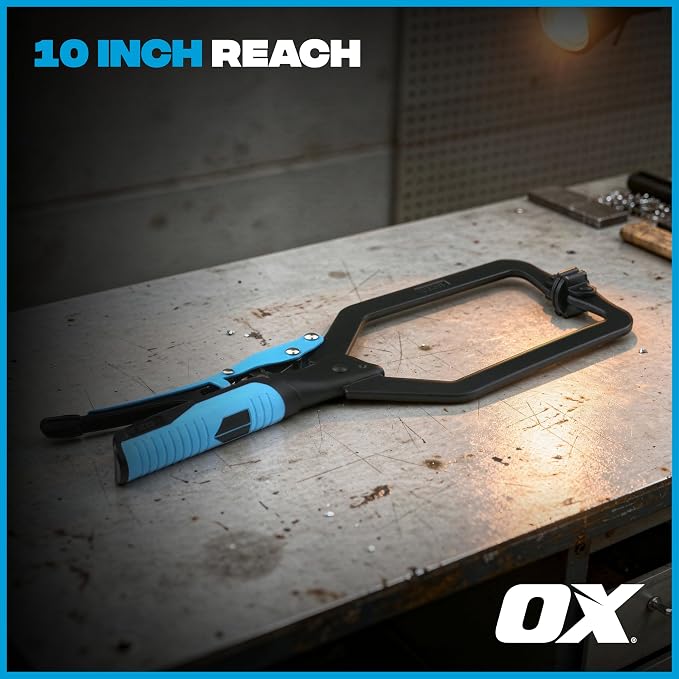 OX Auto Adjust 10-Inch Long Reach C Clamp w/Swivel Pad Locking Pliers - Vise Grip Style Welding Clamp for Woodworking & Metalworking - Professional Grade Face Clamp with Rubber Grip Handle