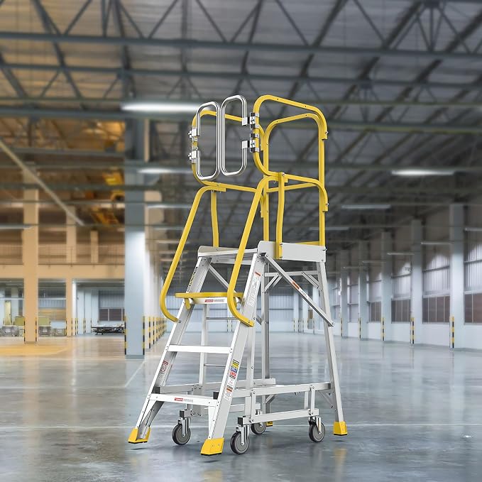 4 Step Rolling Platform Ladder Industrial Rolling Ladder with Wheels Non-Slip Aluminum Scaffolding Platform Stairs for Warehouse, Garage, 20"×24" Platform, 375lbs Capacity