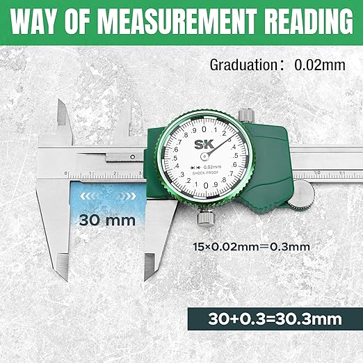 SK Metric Dial Caliper, 150mm Caliper Measuring Tool with Shock-Proof Design, 4 Measurement Methods Stainless Steel Calipers, ±0.03mm Accuracy